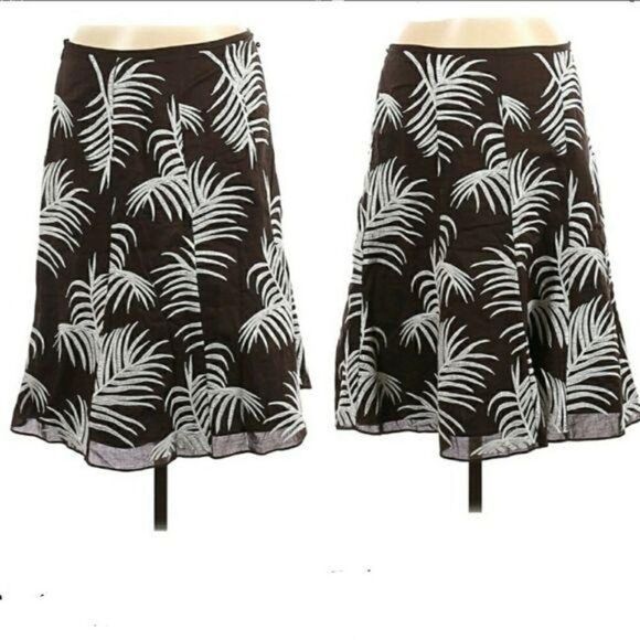 Ann Taylor Brown Botanical Palm Embroidered Cotton Knee Length Panelled Skirt Sz - Picture 1 of 10